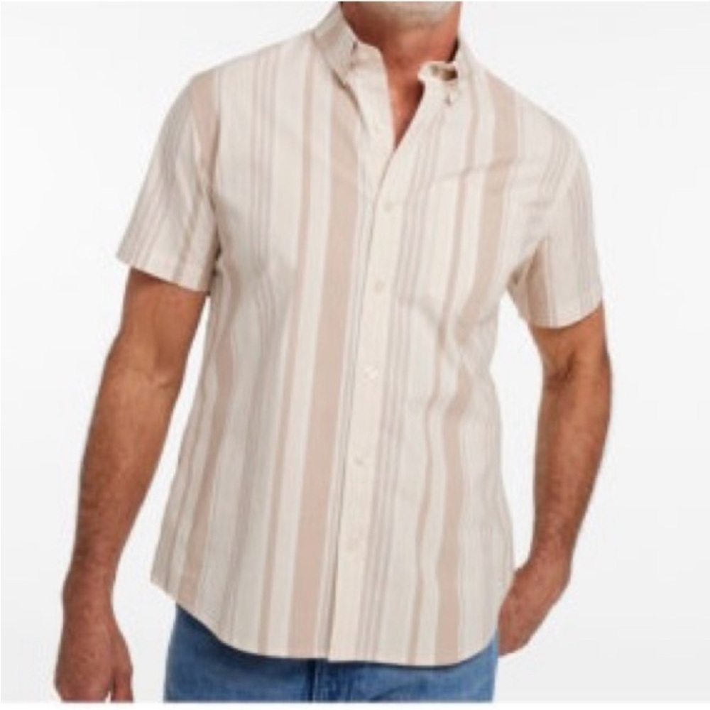 NWT L.L. Bean Mens Signature White & Khaki Striped Button-Down Collared Shirt-XL